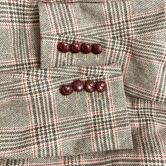 Lands End Glen Plaid Single Button Blazer Tan & Brown Leather Buttons Size 16 - Picture 6 of 15